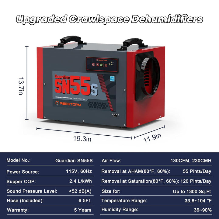 Abestorm 120 PPD Crawl Space Dehumidifier with Drain Hose | Guardian SN55S | Energy Star Certified