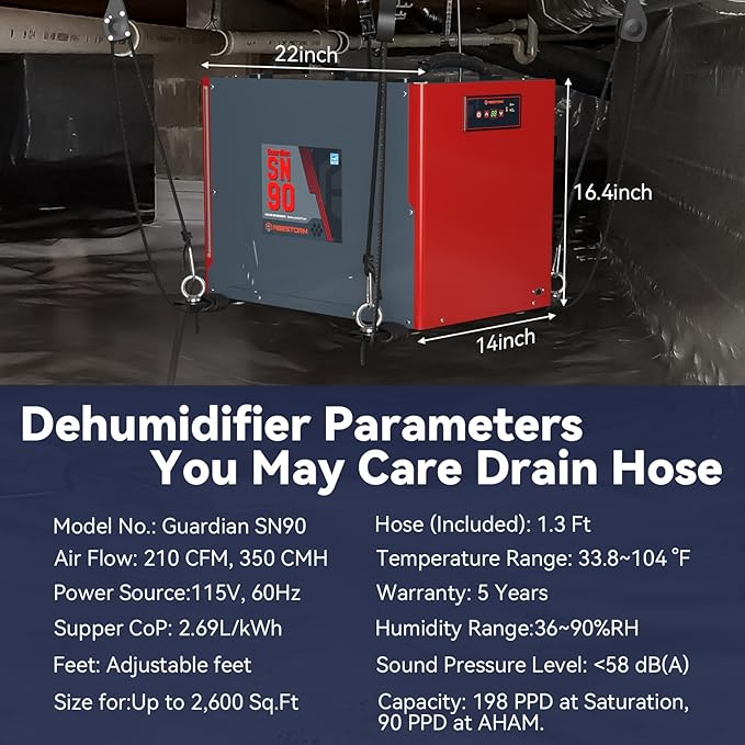 Abestorm 198 PPD Crawl Space Dehumidifier Size for 2,600 Sq. Ft | Guardian SN90 | Energy Star Certified