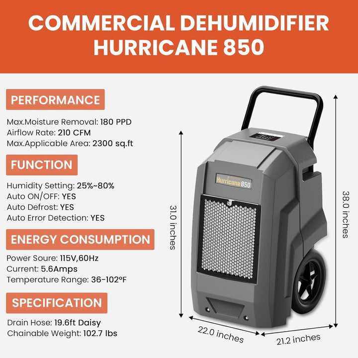 Abestorm 180 PPD 2,300 Sq.Ft Commercial Dehumidifier with Pump and Drain Hose | Hurricane 850